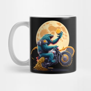 ramen monster in moon of Kanagawa  riding motorcycle eating orange Mug